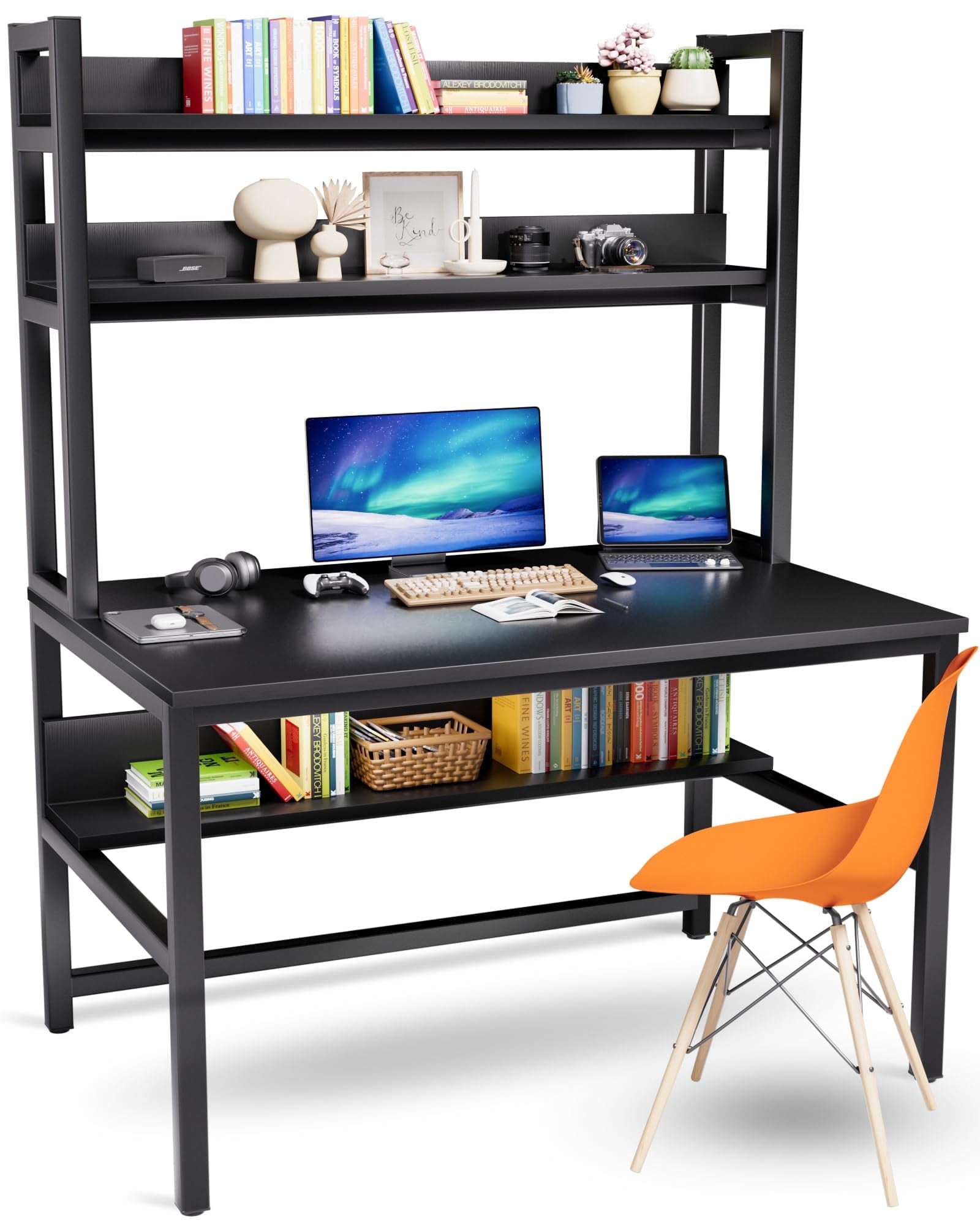 Aquzee Computer Desk with Hutch and Bookshelves, Large Leg Room 47 inch Width Black Desk with Space Saving Storage Shelves for Home Office