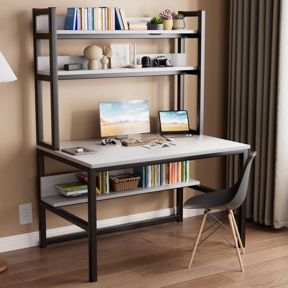 Aquzee Home Office Desk with Shelves, 47" Gaming Desk with Hutch and Storage, White Computer Desk Study Table for Bedroom Space Saving with 3 Tier Shelves