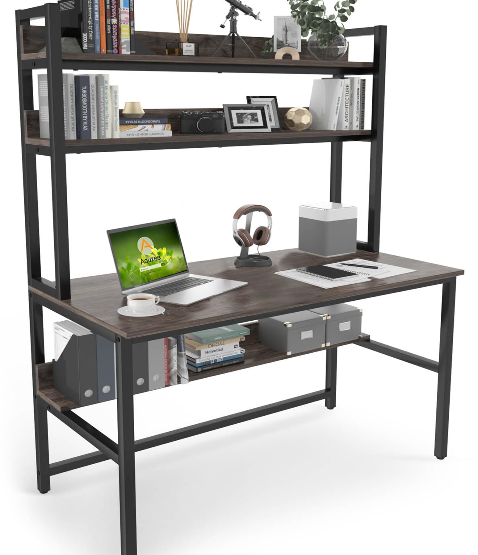 Aquzee Desk with Hutch Bookshelves, Computer Desk with 3 Tiers Storage Shelves, Space Saving Design Black Metal Legs Desk with Grey Board