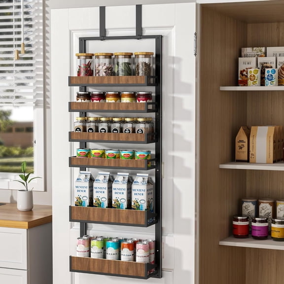 Aquzee Over the Door Pantry Organizer, 6-Tier Spice Rack Wall Mount with Adjustable Wood Baskets, Metal Mounting Hanging Behind the Door Organizer Storage for Kitchen, Cabinet and Closet