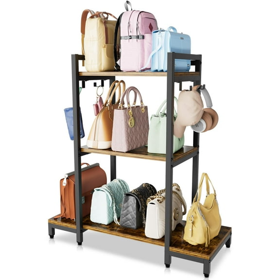 Aquzee Purse Rack, 3 Tier Stand Bag Organizer Storage for Handbag Organizers, Bag Storage Organizer with 4 Hooks for Holder