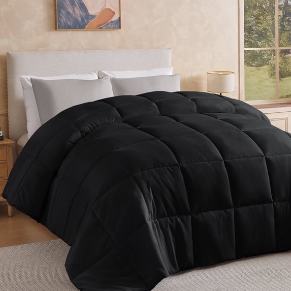Aquzin Comforter Queen Size, All Season Quilted Down Alternative Duvet Insert with Corner Tabs, Machine Washable Microfiber Bedding, Black