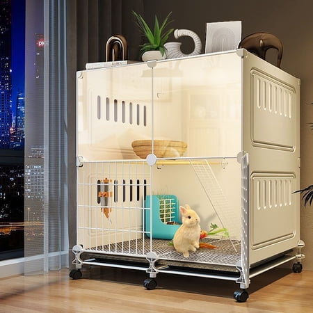 Aqwiopr 2 Layer Rabbit Cage Indoor with 2 Deep Pull-Out Trays and Urine Guard, Guinea Pig Cage, Small Animals House for Rabbit, Ferret, Chinchilla