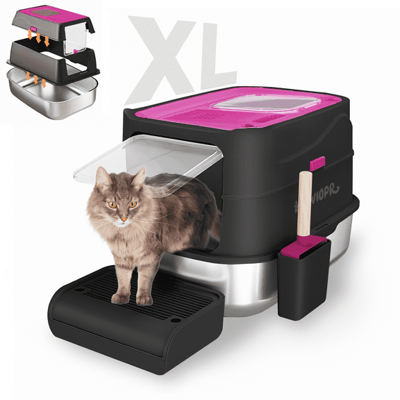 Aqwiopr Extra Large Stainless Steel Enclosed Cat Litter Box - Odor-Resistant, Easy Clean - Gray