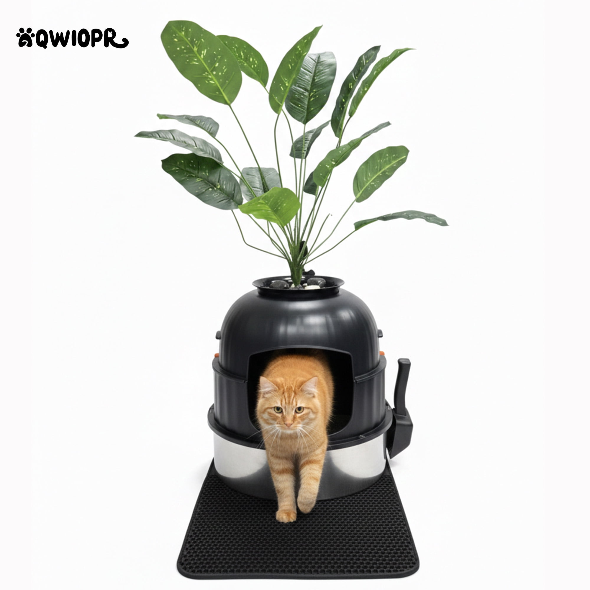 Aqwiopr Litter Box Cat with Faux Plant & Scoop, Hidden Enclosure Litter Tray with Odor Control & Carbon Filter in Living Room, Bedroom, Corner, Black