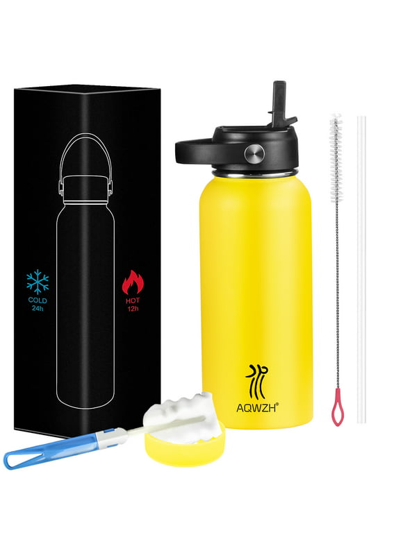 Aqwzh 40 oz Black Stainless Steel Water Bottle with Wide mouth, Straw, and Lid