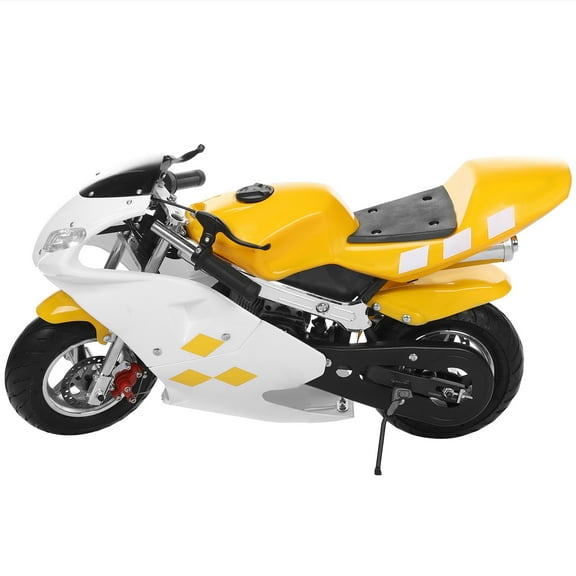 Aqyh Kids Motorcycle, 49cc 2 Stroke Gas Pocket Bike w/ Dual Brake & Headlights, Mini Motorcycles up to 20mph, Max Load 170lbs, White & Yellow