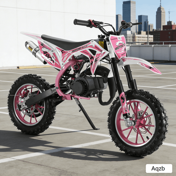 Aqzb 2026 New 50cc Kids Dirt Bike 2 Stroke, Gas Powered Dirt Bike, Speeds up to 40km/h, Mini Kids Dirtbike, Gasoline Motorcycle with Front Rear Disc Brakes, Ideal for Children Pink