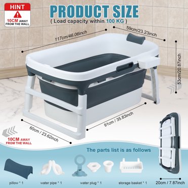 46 Inch Foldable Portable Bathtub - Collapsible Soaking Tub For Small Spaces