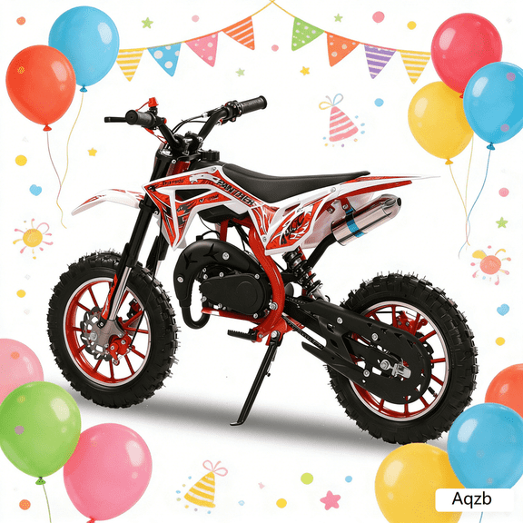 Aqzb 49CC Kids Dirt Bike, 2-Stroke Gas Powered Mini Motorcycle with Dual Disc Brakes, Front/Rear Suspension, Hand-Pull Start, Soft Seat Cushion, for Ages 6-12 (Red)