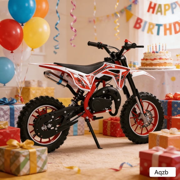 Aqzb 49cc Kids Dirt Bike, 2-Stroke Gas Power Motocross Off-Road Tires Shock Absorption Springs Soft Seat Cushion Pocket Motorbike with Front Rear Disc Brakes (Red)
