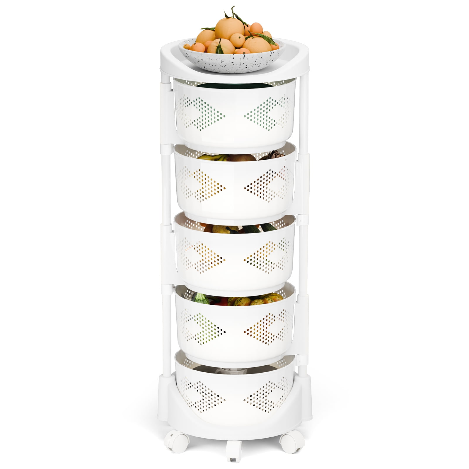 Aqzb 5-Tier Fruit Basket Kitchen Pantry Organizers and Storage - PP Top Table, Rotating Round Plastic Basket Stand Cart For Fruit Vegetable Snacks Jars Bins Containers Organization, White