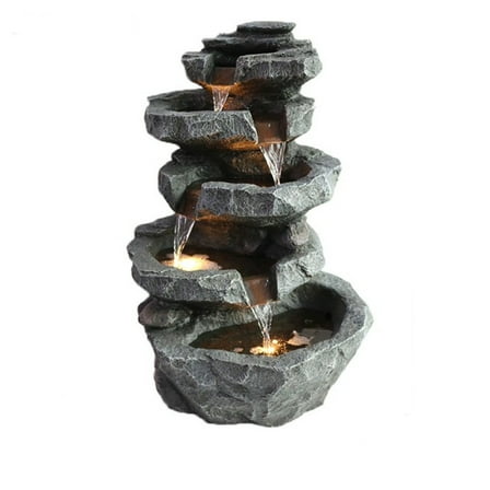 Aqzb 5-Tiered Cascading Rock, 22" High Outdoor Garden Waterfall with LED Lights And Pump, Resin Water Fountain for Garden, Patio, Yard, Deck Decor _Clearance Cascading Rock