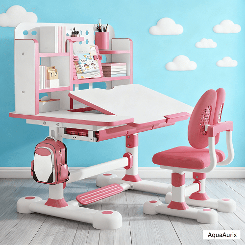 Aqzb 50-Degree Tiltable Desktop Study Table, Kids Desk and Chair Set Height Adjustable Ergonomic Children Sturdy Table, with Chair for Bedroom Study Room Pink