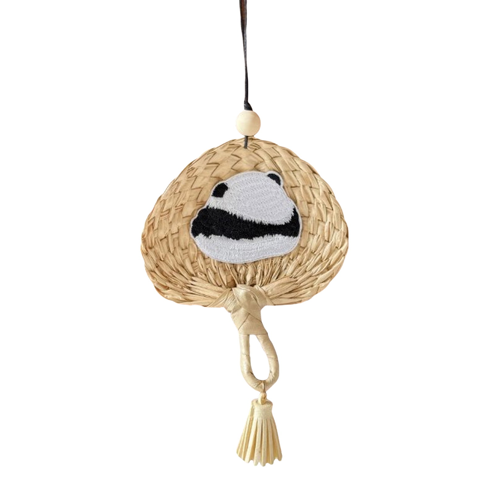 Aqzb Embroidery Panda Cattail Leaf Fan Decoration with Lanyard Faux