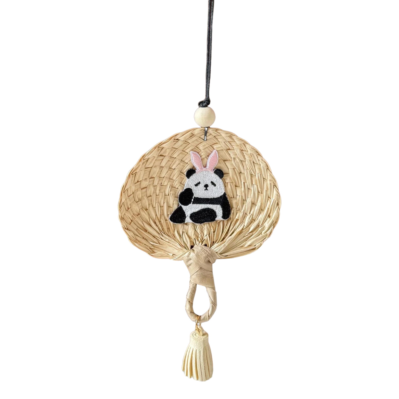 Aqzb Embroidery Panda Cattail Leaf Fan Decoration with Lanyard Faux