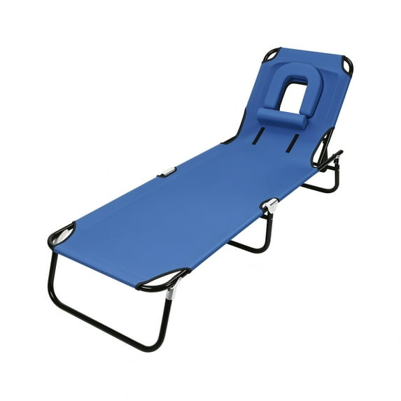 Aqzb Foldable Camping Cot for Adult, Adults Reclining Folding Chaise for Indoor Outdoor Travel, Heavy Duty Summer Lounger Chair with Face Hole, 4 Height Adjustable, Removable Pillow, Sunbathing Chair