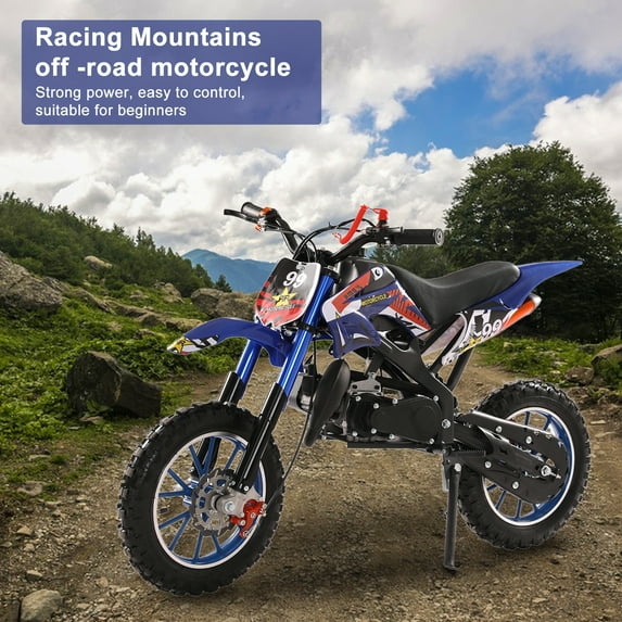 Aqzb Gasoline 49cc Dirt Bike for Kids, 2-Stroke Kids Dirt Bike, Speeds up to 24.85 MPH, Gas Power Motocross, Off Road Mini Motorcycle, Pocket Motorbike with Front Rear Disc Brakes - Blue Dirt Bike