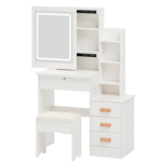 Aqzb Makeup Vanity Desk with LED Lighted Mirror, Vanity Table with 4 Drawers and Opening Shelves, Bedroom Dressing Table _Clearance Women Dresser