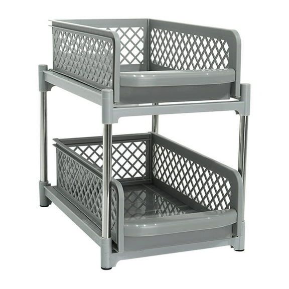 Aqzb Under Sink Organizer, 2-Tier 14.8" Tall Under Sink Storage Organizer for Kitchen Bathroom, Grey
