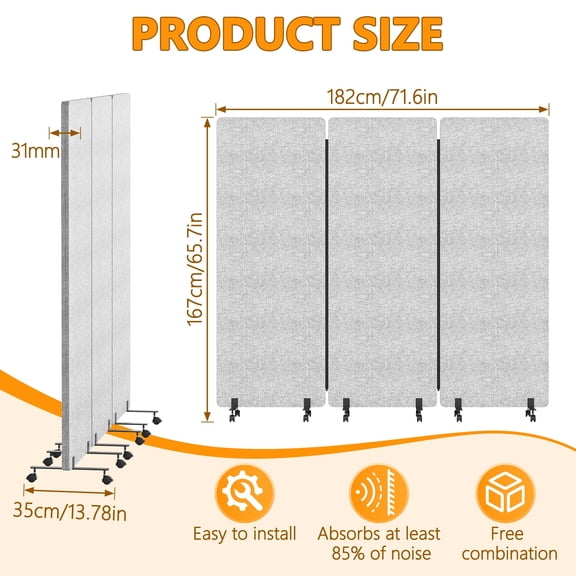 Aqzb Upgrade Version Room Partition and Divider, Freestanding Rolling Dividers with Wheels,Office Privacy Screen Divider Wall, 70.87" x 65.75" x 13.78", 3 Panel Light Grey