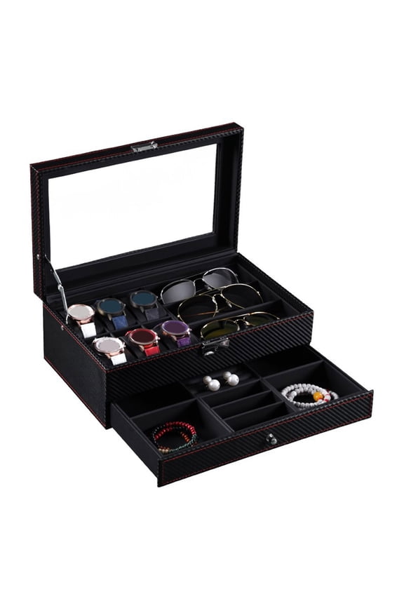 Watch Box Sunglasses Organizer Large Capacity Multiple Compartments Window Design Watch Holder Stand Storage Case with Drawer _Clearance Watch Holder