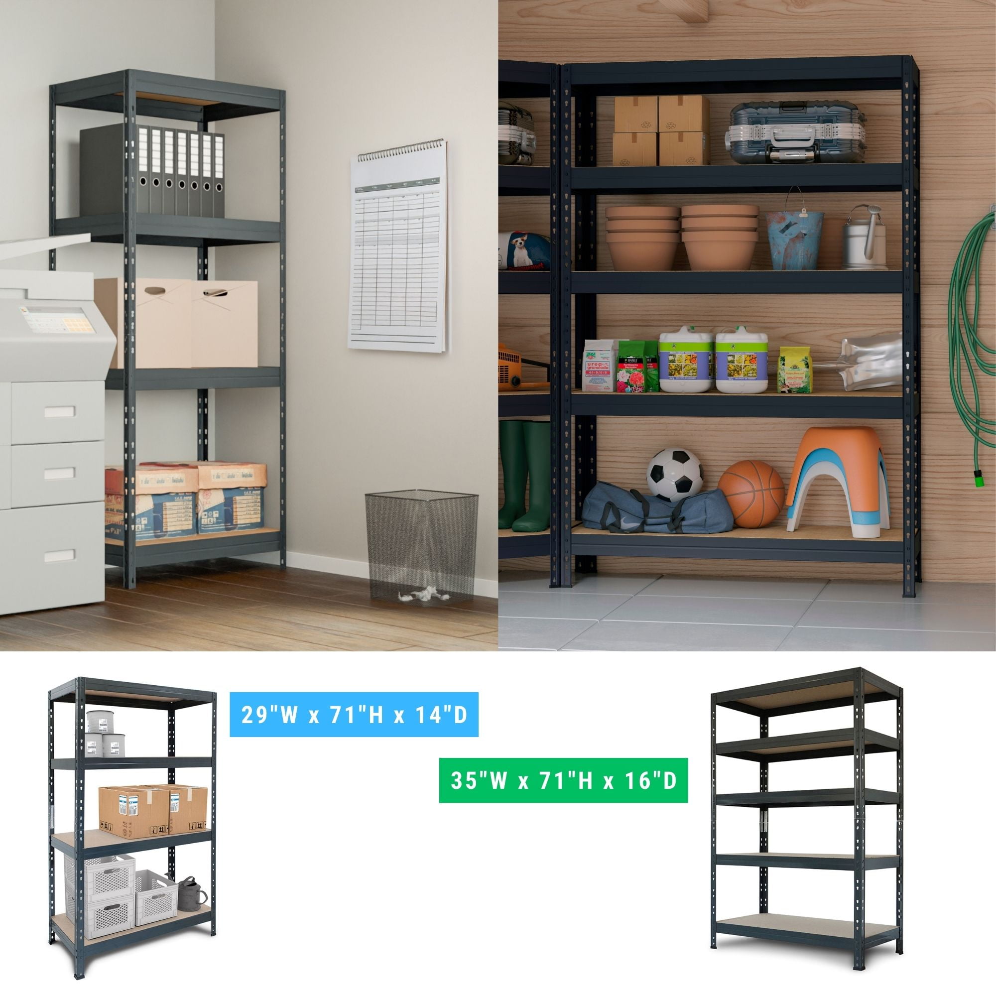 71" Matte Dark Grey Steel and Fiberboard 4-Tier Shelving Unit