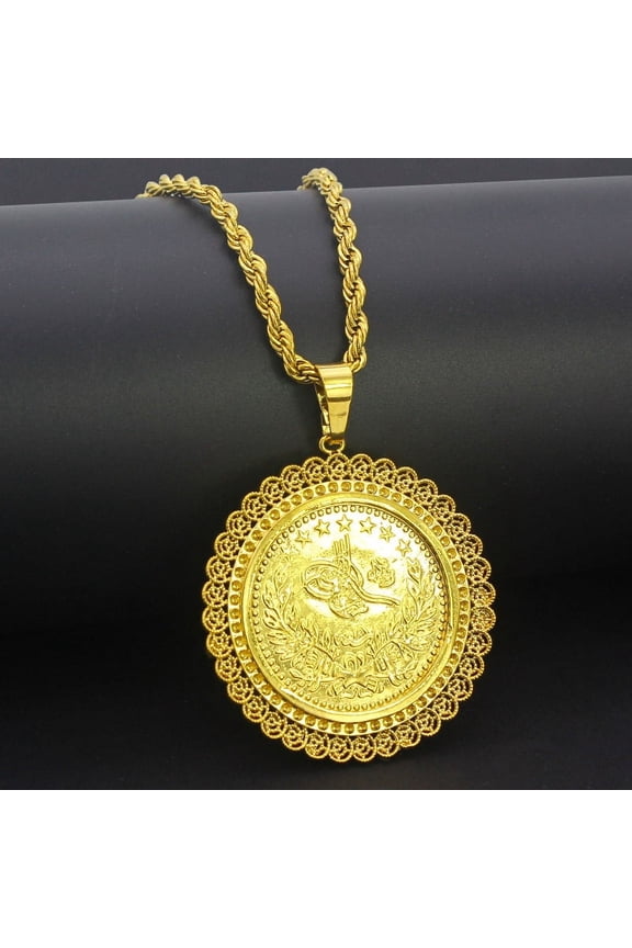 Arab Muslim Women's 14K Yellow Gold Necklace Jewelry Gift Turkish Ottoman Totem Coin Pendant Ethnic Bride Jewelry Long Slip Chain