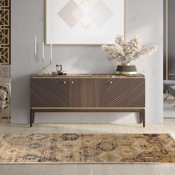 Arabella Distressed Diamonds Indoor Area Rug by Blue Nile Nills - 2.6' x 8', Gold