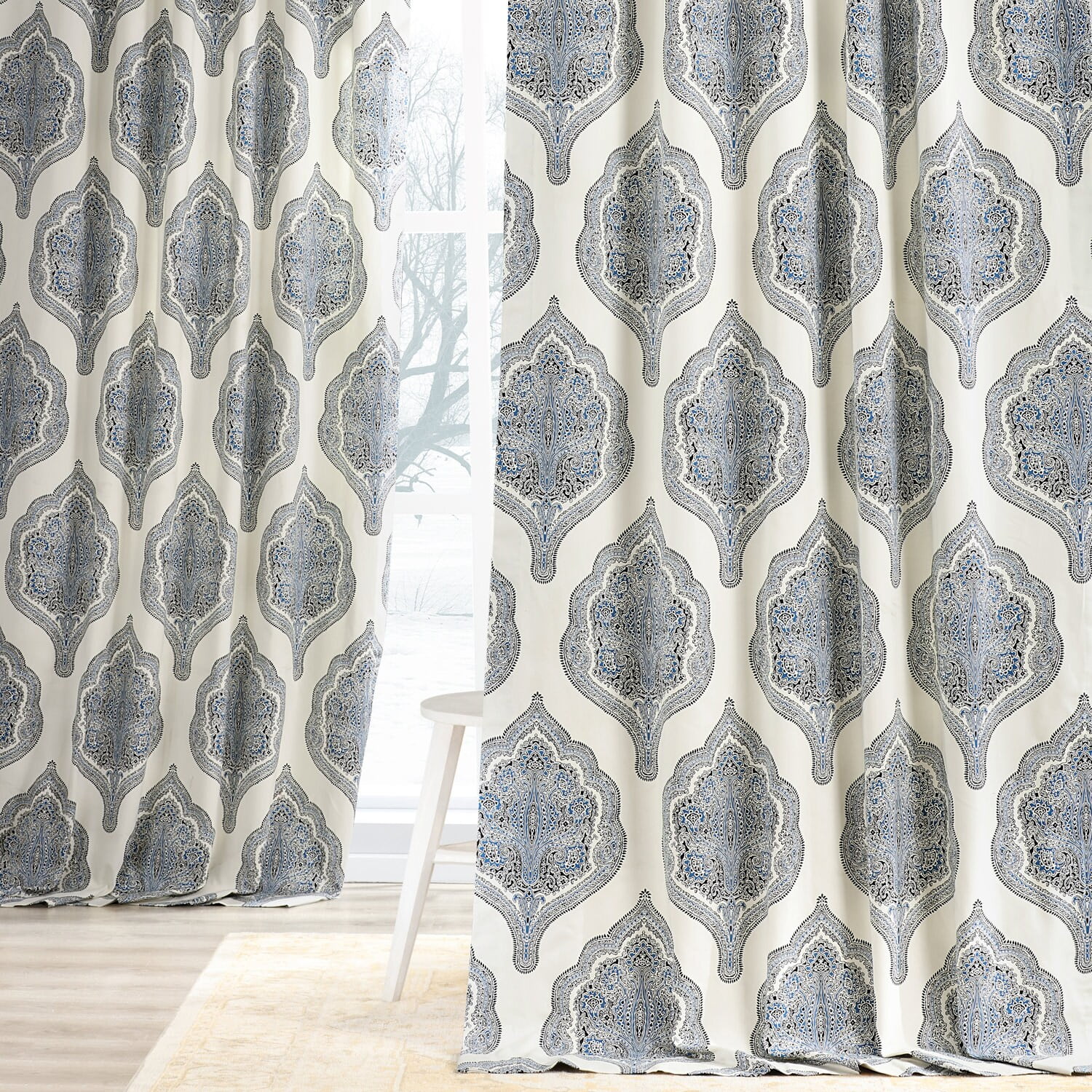 Arabesque Blue Printed Cotton Twill Curtain (1 Panel), Arabesque Blue, 50W X 96L