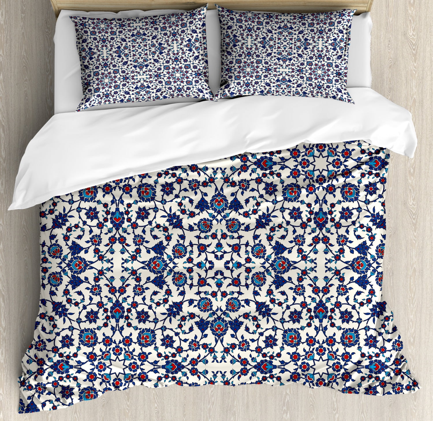 Queen Size Blue and Red Floral Microfiber Duvet Cover Set
