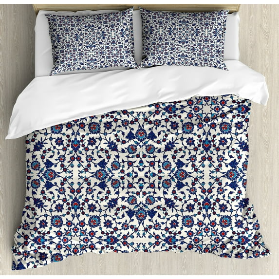 Arabesque Duvet Cover Set Queen Size, Moroccan Floral Pattern with Victorian Rococo Baroque Design, Decorative 3 Piece Bedding Set with 2 Pillow Shams, Cream Indigo Vermilion Blue, by Ambesonne