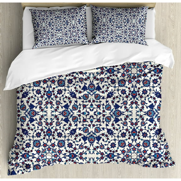Arabesque Duvet Cover Set Queen Size, Moroccan Floral Pattern with Victorian Rococo Baroque Design, Decorative 3 Piece Bedding Set with 2 Pillow Shams, Cream Indigo Vermilion Blue, by Ambesonne