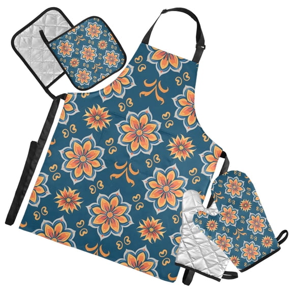 Arabesque Floral Flowers 5 Pcs Kitchen Set Heat Resistant Oven Mitts and Non-Slip Pot Holders with Adjustable Cooking Apron