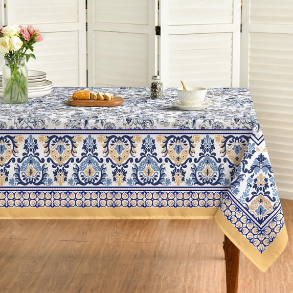 Arabesque Rectangular Tablecloth 60x84 Inch, Yellow and Blue Floral Rustic Washable Seasonal Table Cover for Party Picnic Dinner Decor