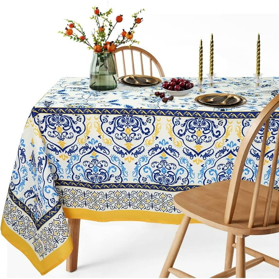 Arabesque Tablecloth,Blue Yellow Floral PatternTable Cloth, French Country Tablecover for Rectangle Tables 60 x 120,Perfect for Kitchen Dinner, Restaurant ,Holiday Picnic Party Table Cover