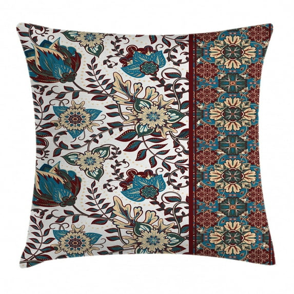 Arabesque Throw Pillow Cushion Cover, Islamic Floral Pattern and Border Traditional Middle Eastern Artwork, Decorative Square Accent Pillow Case, 16 X 16 Inches, Petrol Blue Burgundy, by Ambesonne