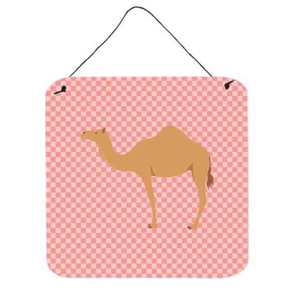 Arabian Camel Dromedary Pink Check Wall or Door Hanging Prints, 6 x 6 in.