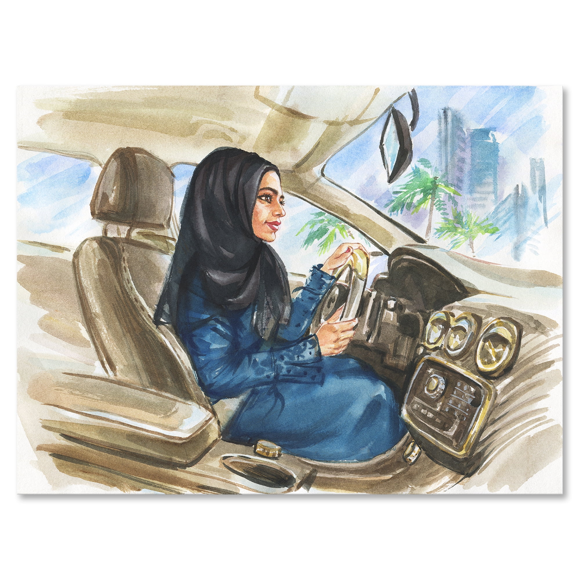 Arabian Lady Driving A Car I 32 in x 24 in Painting Canvas Art Print, by Designart