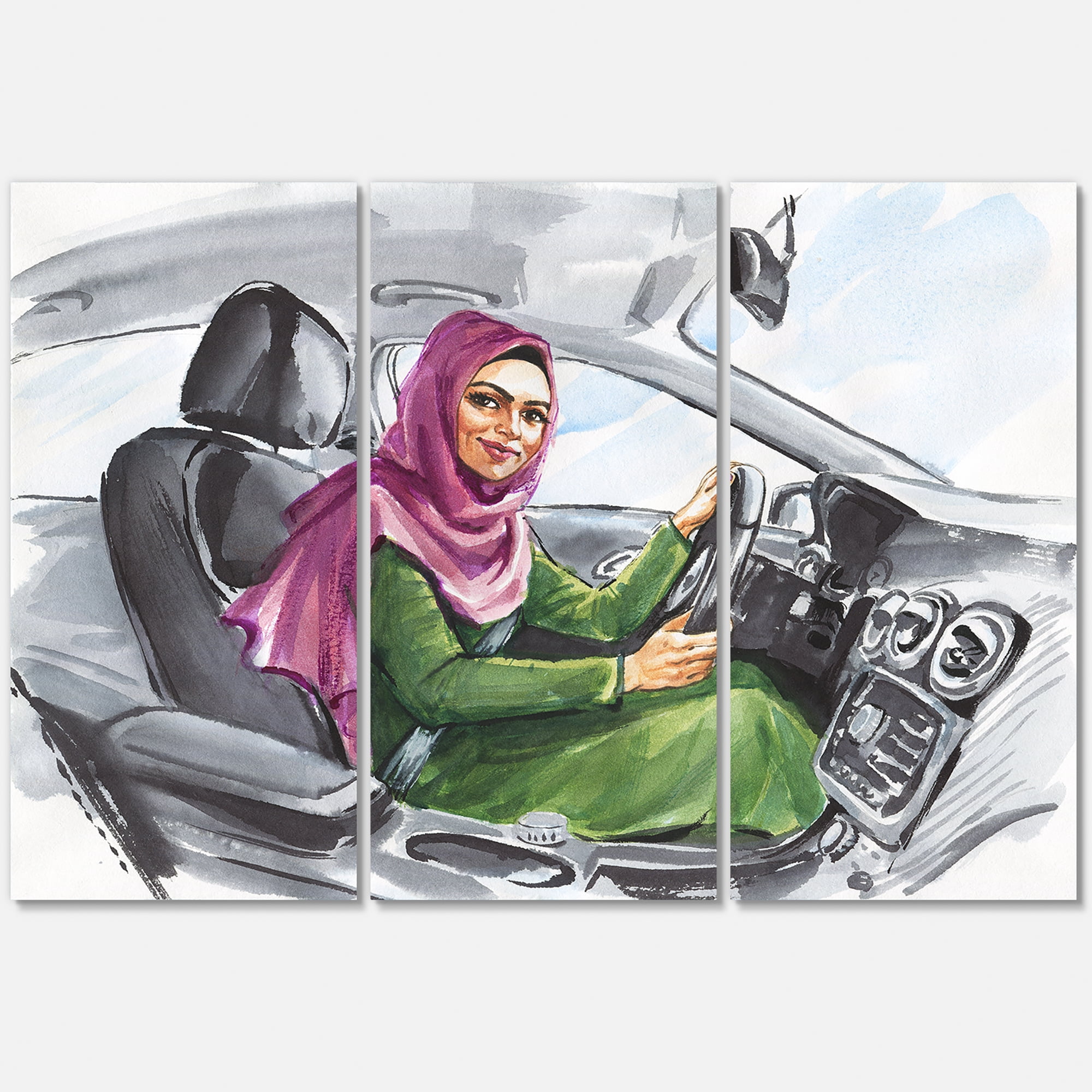 Arabian Lady Driving A Car II 28 in x 36 in Painting Canvas Art Print, by Designart