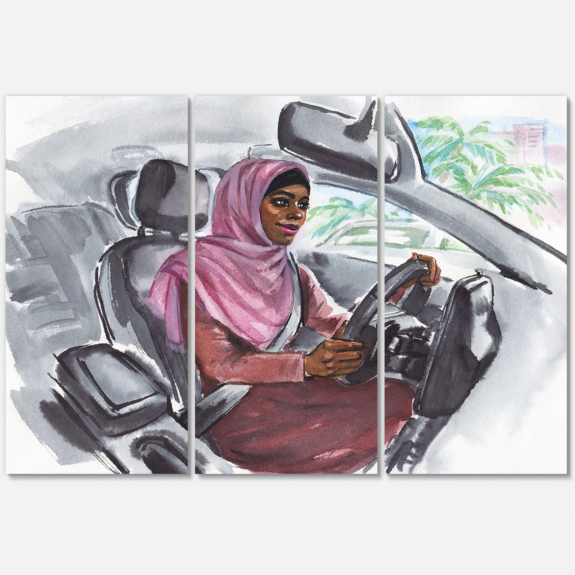Arabian Lady Driving A Car III 28 in x 36 in Painting Canvas Art Print, by Designart