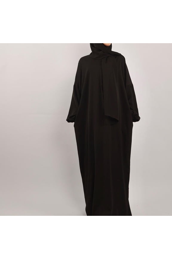 Arabian Muslim Women's Hijab Attached Hoodie Long Sleeve Solid Color Casual Pocket Prayer Islamic Abaya Maxi Dress