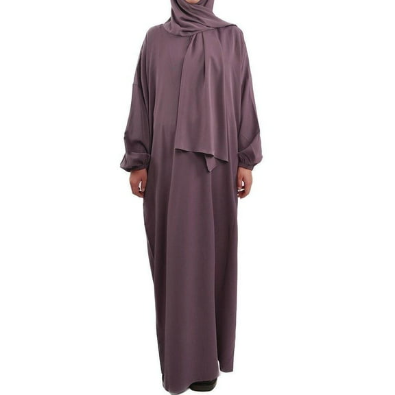 Arabian Muslim Women's Hijab Attached Hoodie Long Sleeve Solid Color Casual Pocket Prayer Islamic Abaya Maxi Dress