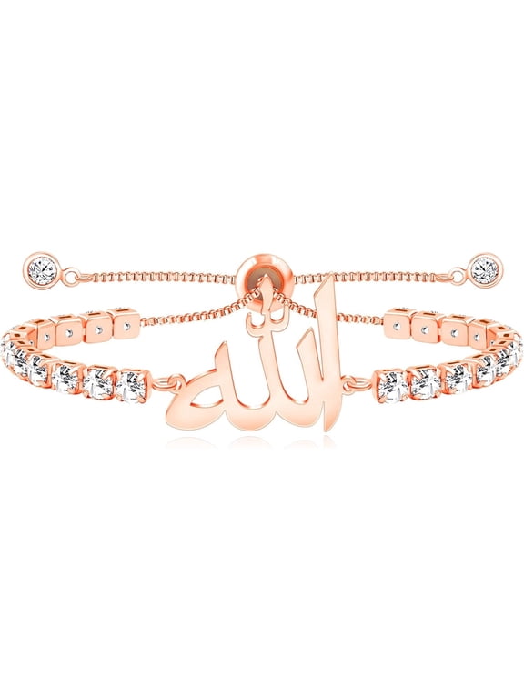 Arabic Allah Script Cubic Zirconia Tennis Bracelet for Women Stainless Steel Adjustable Islamic Faith Jewelry Sparkling Muslim Bracelet Elegant Religious Gift for Mom Wife Sister Daughter Ramadan Eid