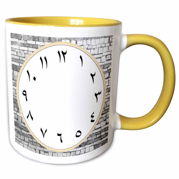 3drose, Arabic Clock Face with Arabic Numbers - Grey Tile Graphic - Gray, 15oz Two-tone Yellow Mug
