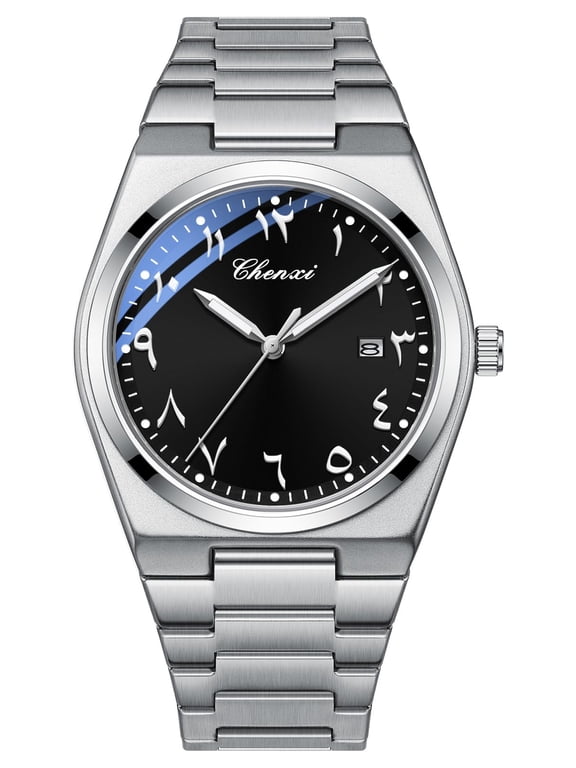 Arabic Dial Men's Quartz Watch Silver Stainless Steel Luminous Waterproof Business Casual Wristwatch with Date Display