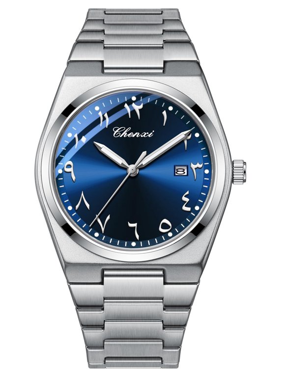 Arabic Dial Men's Quartz Watch Silver Stainless Steel Luminous | Waterproof Business Casual Wristwatch with Date Display