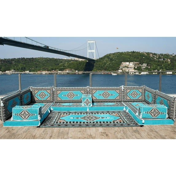 Arabic Floor Pillows, U Shaped Turquoise Sleeper Sofa, Diwan Sofa, Turkish Sofa Seating Sofa, Floor Seating Sofa, Arabic Majlis Set