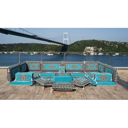 Arabic Floor Pillows, U Shaped Turquoise Sleeper Sofa, Diwan Sofa, Turkish Sofa Seating Sofa, Floor Seating Sofa, Arabic Majlis Set