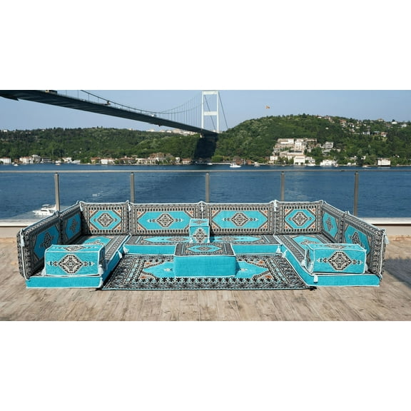 Arabic Floor Pillows, U Shaped Turquoise Sleeper Sofa, Diwan Sofa, Turkish Sofa Seating Sofa, Floor Seating Sofa, Arabic Majlis Set
